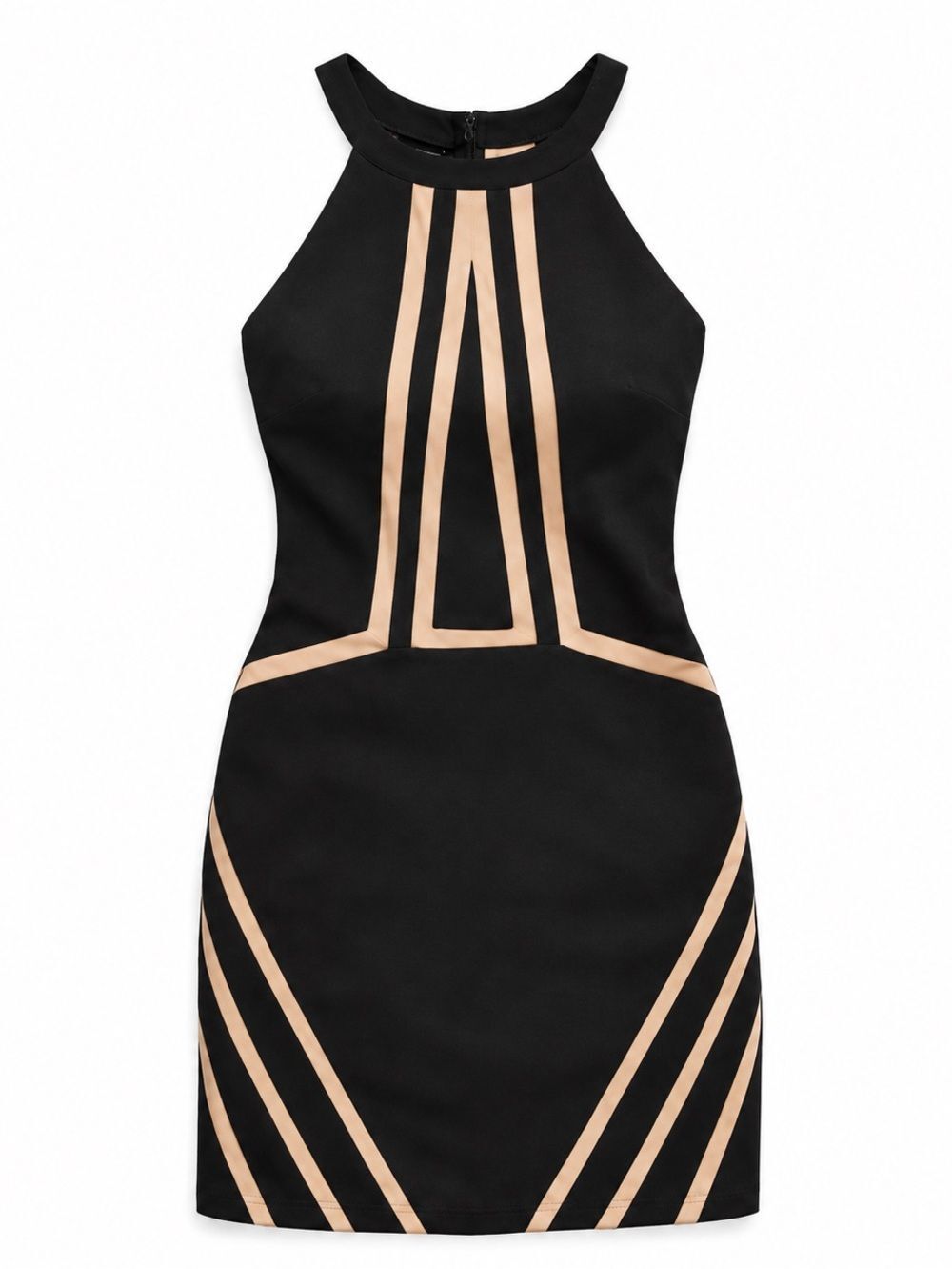 Black Tan Bodycon Halter Mini Dress Colorblock Cocktail Club Luxe Women Sz 2
